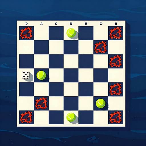 Digital image of a checkers board with yellow checkers, red X marks, and a white dice in a dark blue background.