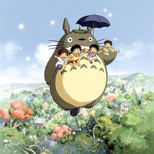 Digital anime-style drawing of Totoro, a giant gray bear-like creature with a white belly, flying with four cheerful children holding umbrellas over a
