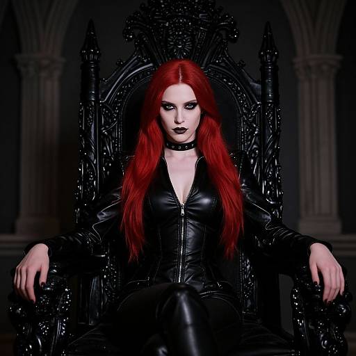 Digital artwork of a pale-skinned woman with long red hair, black leather outfit, choker, and dark makeup, seated on an ornate black