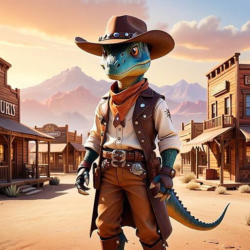 Humanoid Dinosaur Cowboy in Old Western Town