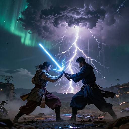 Digital artwork of two samurai warriors clashing with glowing blue lightsabers under a dramatic lightning storm and green aurora borealis.