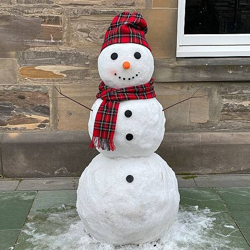 Photograph of a snowman with a red plaid hat and scarf, black buttons, stick arms, and carrot nose, standing on a green tiled
