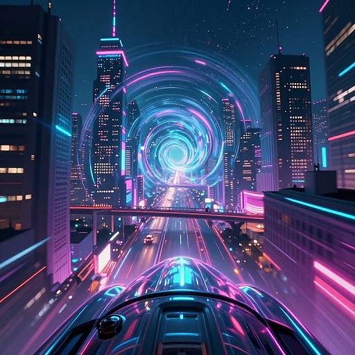 Neon-lit cyberpunk cityscape with vibrant blue and pink light trails, towering skyscrapers, and a bright, swirling vortex in the distance