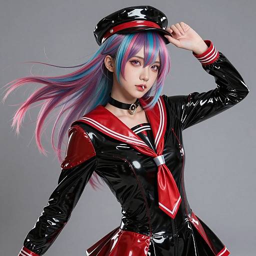 Digital anime-style drawing of a young woman with long, multicolored blue and pink hair, wearing a shiny black and red sailor uniform, black ch