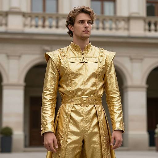 Photograph of a young man with curly brown hair, wearing a shiny, gold, long-sleeved coat with buttons and belt, standing in front