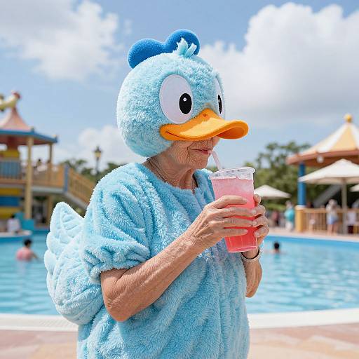 Photograph: Elderly person in blue duck costume holding pink drink, poolside, sunny day, colorful water park background, fluffy texture, orange be