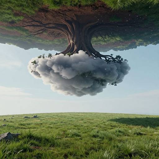 Fantastical digital artwork: a massive, twisted tree with roots in a cloud floats above a grassy meadow under a bright blue sky.