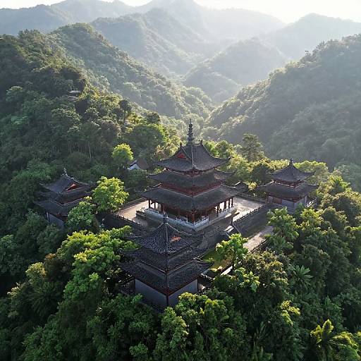 Aerial photograph of a traditional Chinese temple with dark, ornate roofs, surrounded by lush green mountains and dense forest, bathed in soft morning sunlight