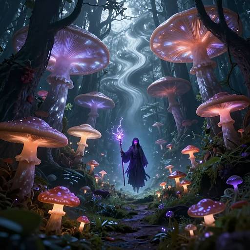 Digital fantasy artwork of a cloaked figure with a glowing wand, standing amidst a mystical forest of glowing, oversized mushrooms.