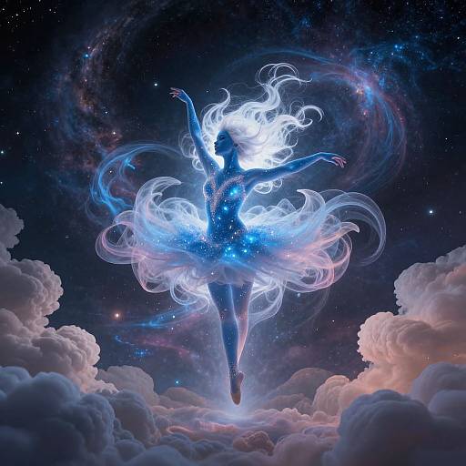Digital art: Ethereal, glowing blue ballerina with flowing, neon-like skirt, floats among fluffy clouds against a starry, cosmic sky.