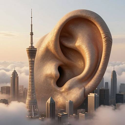 Digital artwork of a massive, golden, ear-shaped sculpture towering over a cityscape with the Tokyo Skytree, surrounded by clouds.