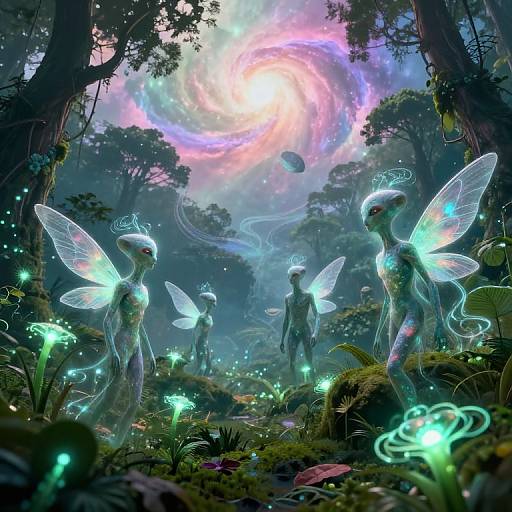Digital fantasy artwork of glowing, ethereal, fairy-like creatures with translucent wings in a mystical forest under a vibrant, swirling galaxy.