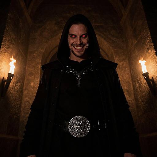 Photograph of a sinister, red-eyed man with long dark hair, black cloak, and a circular silver pendant, standing in a dimly lit,