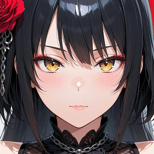 Close-up Portrait of Anime Girl with Black Hair and Yellow Eyes