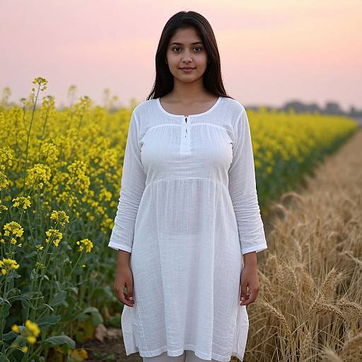 Photograph of a young South Asian woman with long black hair, wearing a white long-sleeve dress, standing in a yellow flower field and golden