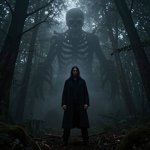 Photograph of a dark forest at night, featuring a tall, shadowy man in a long coat, with a massive, skeletal monster looming behind him