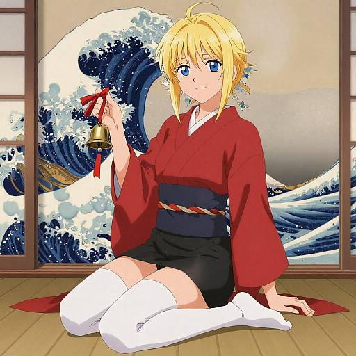 Anime Woman in Kimono with Ribbon