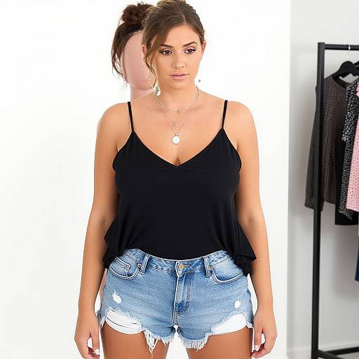 Photograph of a woman with light brown skin, brown hair in a bun, wearing a black spaghetti strap top and frayed denim shorts, standing in