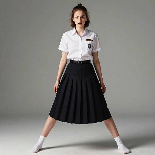 Photograph of a young woman with fair skin, brown hair in a bun, wearing a white short-sleeve shirt, black pleated skirt,