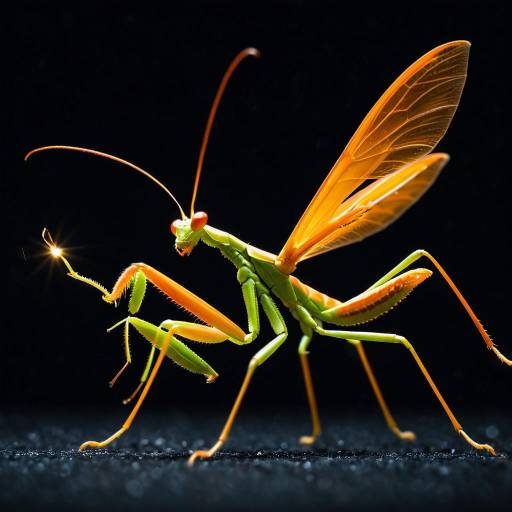 Bright Orange Praying Mantis with Glowing Firefly Bright Orange Praying Mantis with Glowing Firefly