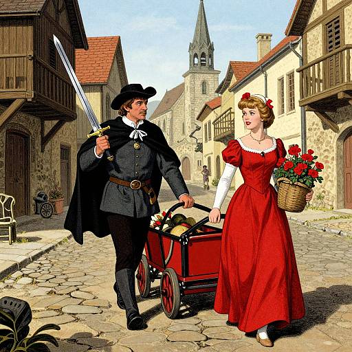 Digital illustration of a medieval couple: a man in black cloak and pants, holding a sword, and a woman in red dress, carrying flowers, pushing