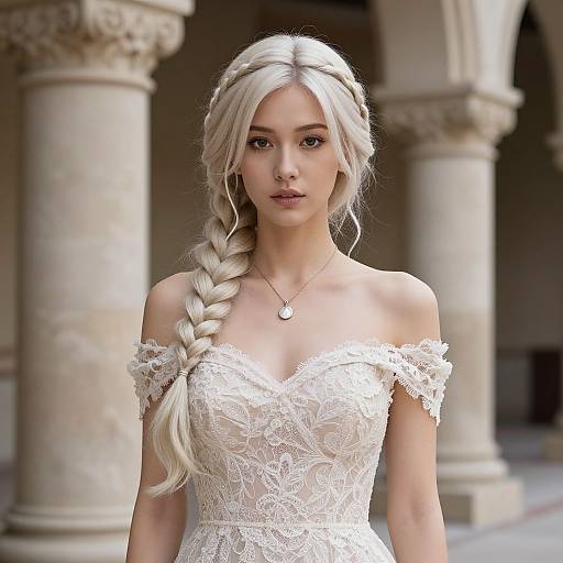 Photorealistic image of a blonde woman with long braided hair, wearing an off-shoulder, lace white dress, standing in front of stone