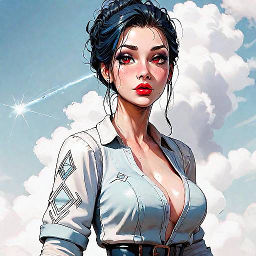 Digital art of a confident, attractive woman with dark hair, red lips, and large breasts in a white, low-cut blouse, set against a bright