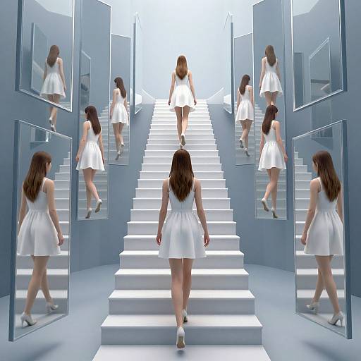Photograph of a woman in a white dress ascending illuminated stairs surrounded by mirrored reflections, creating a symmetrical, futuristic effect.
