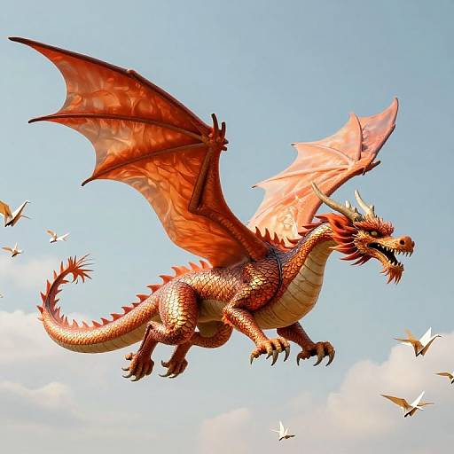 Digital illustration of a vibrant red dragon with large wings, sharp claws, and a fierce expression, soaring against a bright blue sky with scattered white clouds and