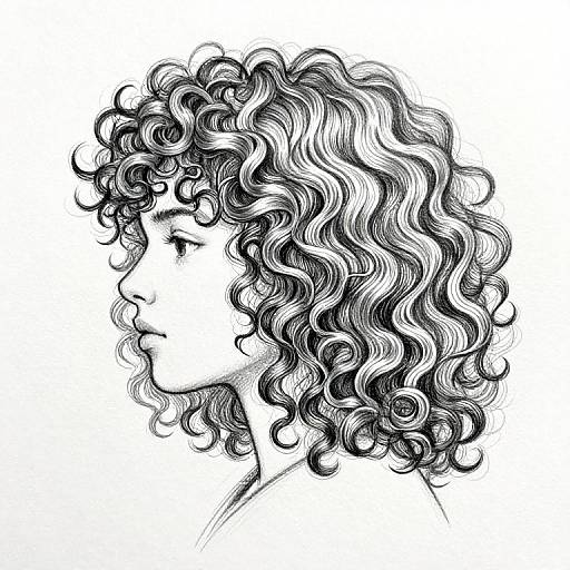 Black-and-white ink drawing of a woman's profile with curly, voluminous hair, detailed with intricate shading and wavy patterns.