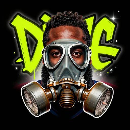 Digital illustration of a black man with curly hair wearing a gas mask with large round filters, yellow graffiti letters 