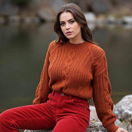 Photograph of a fair-skinned woman with long brown hair, wearing an orange knit sweater and red high-waisted pants, sitting outdoors by a