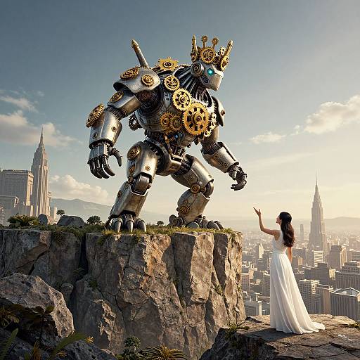 Photograph-style CGI: A woman in a white gown gestures to a giant, golden-crowned, steampunk robot on a rocky cliff overlooking a
