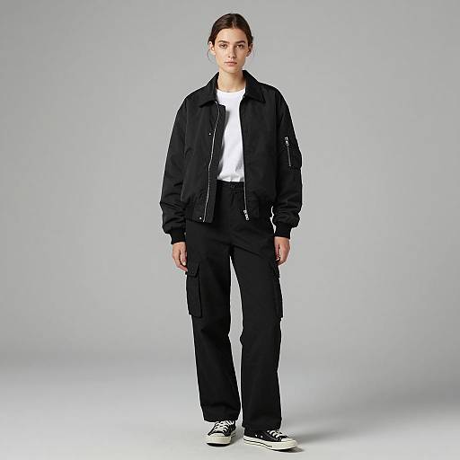Young Woman in Black Cargo Trousers and Pilot Jacket