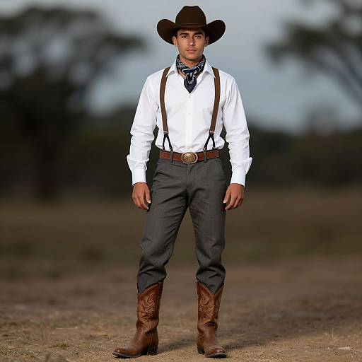 Photograph of a young man in cowboy attire: white shirt, black pants, brown suspenders, cowboy hat, bandana, brown boots, standing