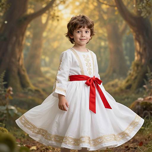 Photograph of a young boy with curly brown hair, wearing a white dress with gold embroidery and a red sash, standing in a sunlit,