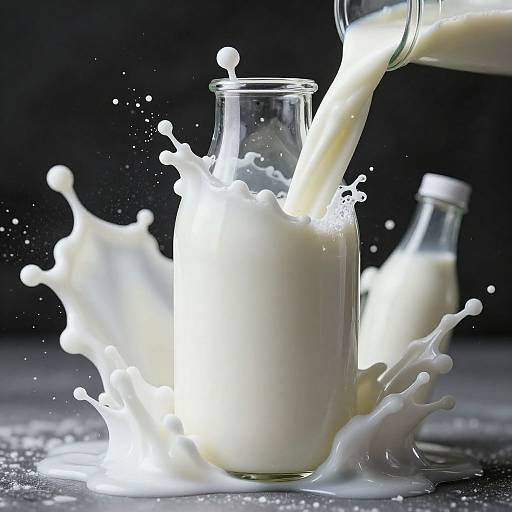 Photograph of milk splashing into a glass bottle, with a second bottle blurred in the background, against a dark background.