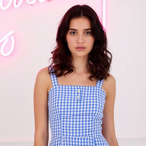 Photograph of a young woman with wavy dark brown hair, wearing a blue and white gingham dress with buttons, standing against a bright white background