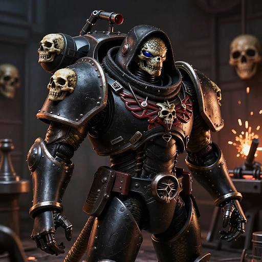 CGI image of a futuristic, armored skeleton warrior with skulls on shoulders, glowing eyes, and a red emblem, standing in a dimly lit room