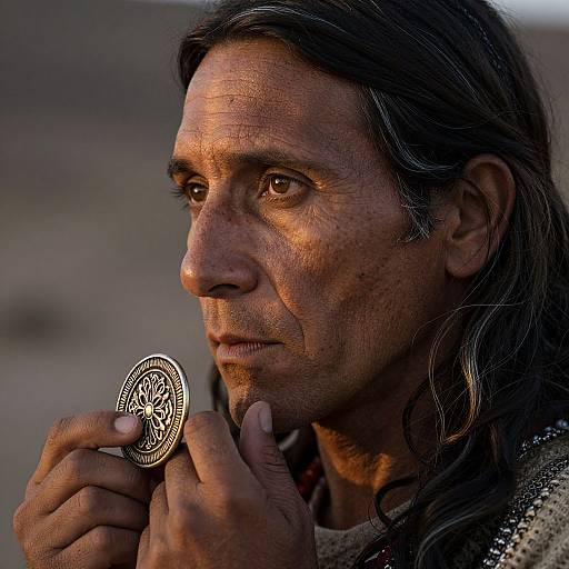 Photograph of a weathered, middle-aged Native American man with long dark hair, holding a silver coin close to his face, gazing intently