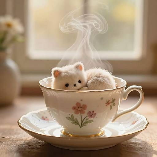 Adorable white kitten in a floral teacup steaming, sunlight streaming through window, blurred flowers in background. Digital artwork.