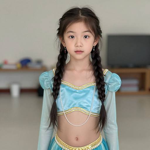 Photograph of an Asian young girl with long black braided hair, wearing a light blue, gold-trimmed, midriff crop top and