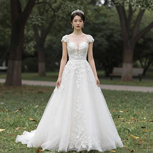 Photograph of an Asian woman in a white, lace-embellished, ball-gown wedding dress with short sleeves, standing in a grassy