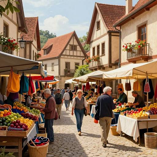 Colorful photograph of a bustling European street market with elderly shoppers, vibrant fruit stalls, and charming half-timbered buildings under a bright blue sky
