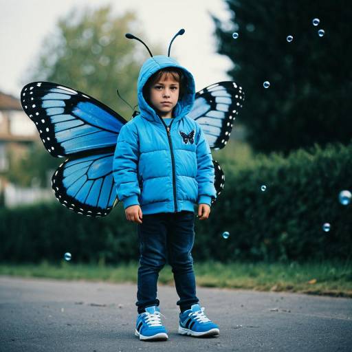 Boy in Blue Butterfly Costume with Bubbles Outdoors