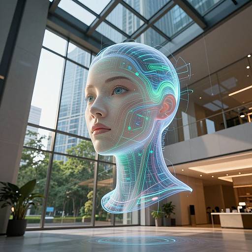 CGI image of a glowing, digital, blue-hued female head with neural lines, floating in a modern, glass-walled office building.