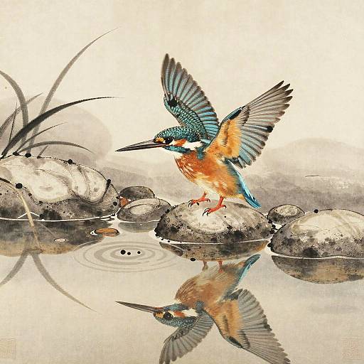 Sumi-e Kingfisher on River Bend