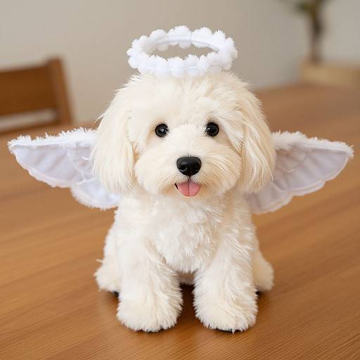 Adorable white fluffy puppy with angel wings and halo, sitting on wooden floor, tongue out, black nose, and cute expression.