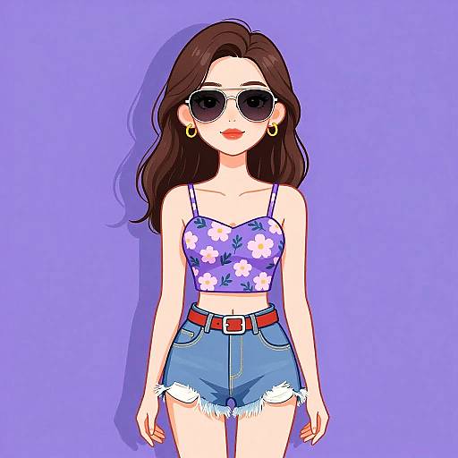 Digital drawing of a smiling woman with long brown hair, wearing sunglasses, a purple floral crop top, blue denim shorts, and gold earrings, against a