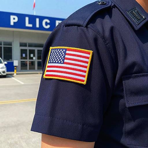 Photograph of a police officer's shoulder in dark blue uniform with an American flag patch, in front of a blue 